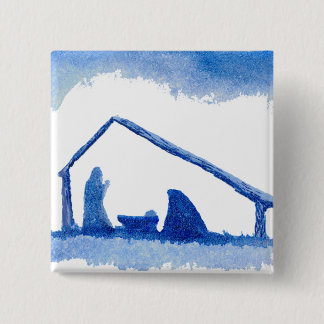 Badge Carré 5 Cm Scène bleue de nativité de silhouette