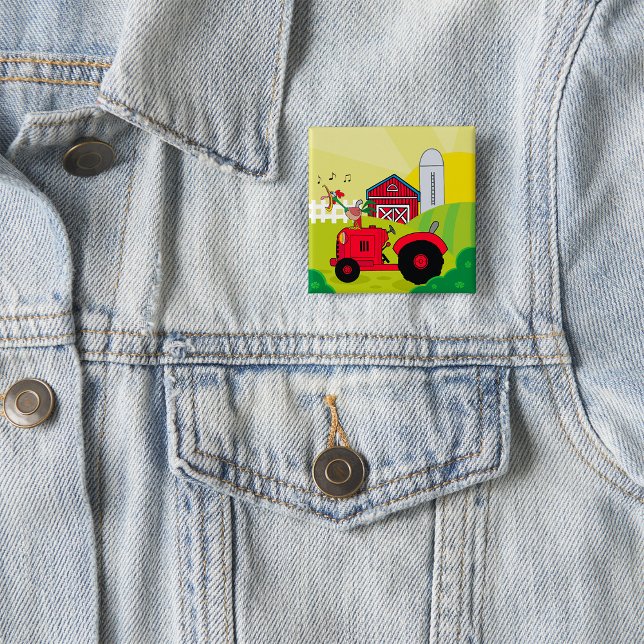 Badge Carré 5 Cm Scène de ferme avec coq chantant sur tracteur (Créateur téléchargé)
