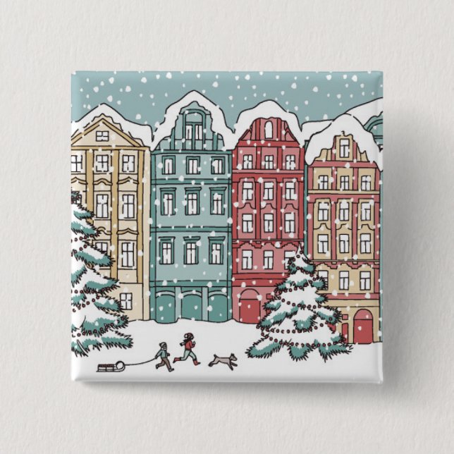 Badge Carré 5 Cm Scène de ville d'hiver (Devant)