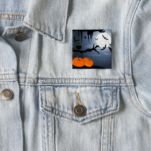Badge Carré 5 Cm Scène nocturne d'Halloween éffrayante (Créateur téléchargé)