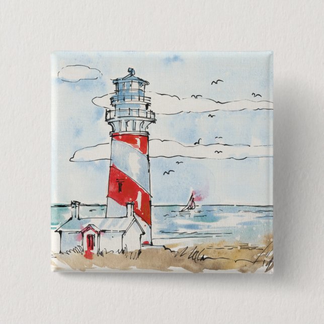 Badge Carré 5 Cm Scène rouge et blanche de phare (Devant)