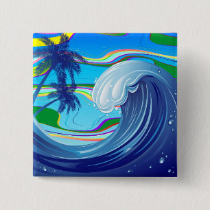 Badge Carré 5 Cm Sea Ocean Big Wave Water porte - clé double face