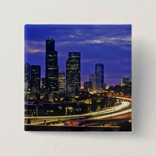 Badge Carré 5 Cm Seattle, Washington Skyline la nuit (Devant)