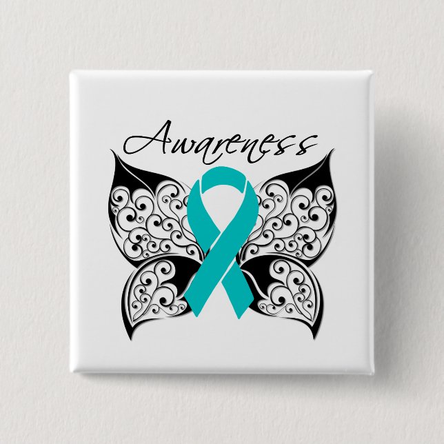 Badge Carré 5 Cm Sensibilisation aux papillons de tatouage - Cancer (Devant)