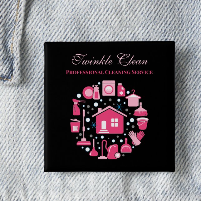 Badge Carré 5 Cm Service de nettoyage des fournitures en noir rose (Créateur téléchargé)