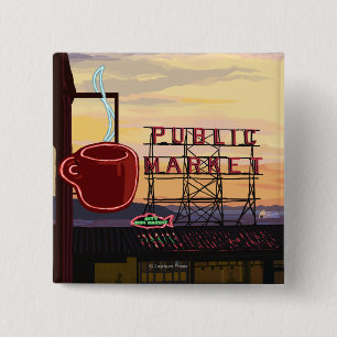 Badge Carré 5 Cm Signe du marché d'endroit de SeattlePike et vue de