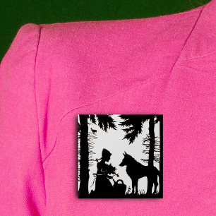 Badge Carré 5 Cm Silhouette Noire Rouge Hood Wolf Woods