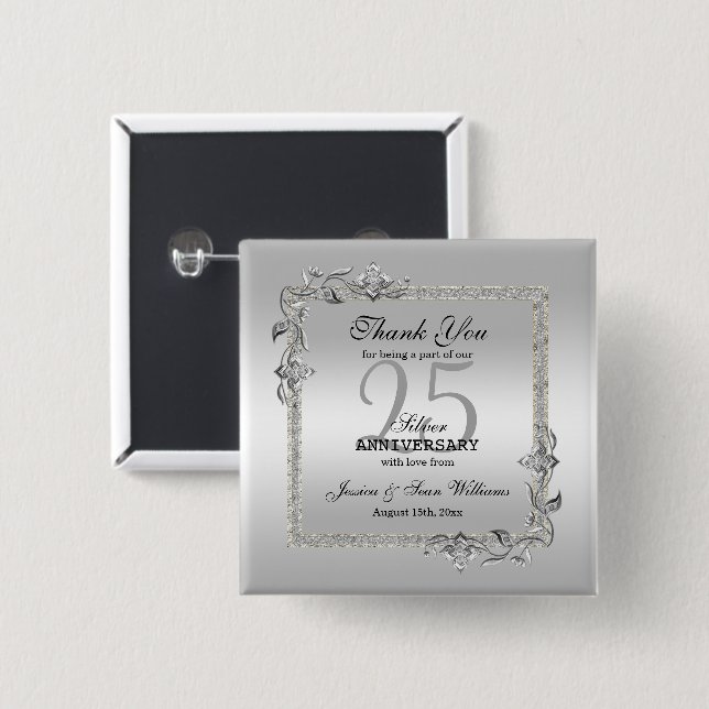 Badge Carré 5 Cm Silver Gem & Glitter 25th Wedding Anniversary (Devant & derrière)