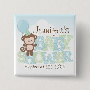 Badge Carré 5 Cm Singe mignon ; Baby shower bleu et vert