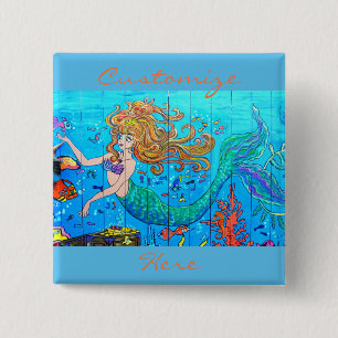 Badge Carré 5 Cm sirène rousse customisée