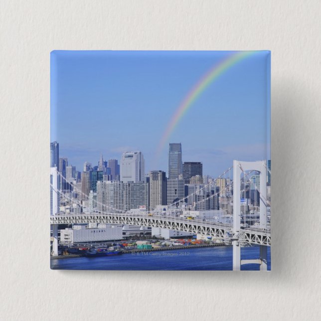 Badge Carré 5 Cm Skyline Tokyo et Rainbow Bridge (Devant)
