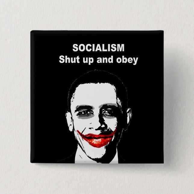 BADGE CARRÉ 5 CM SOCIALISME - FERME-TOI ET OBEY (Devant)