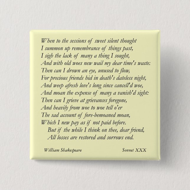 Badge Carré 5 Cm Sonnet # 30 par William Shakespeare (Devant)