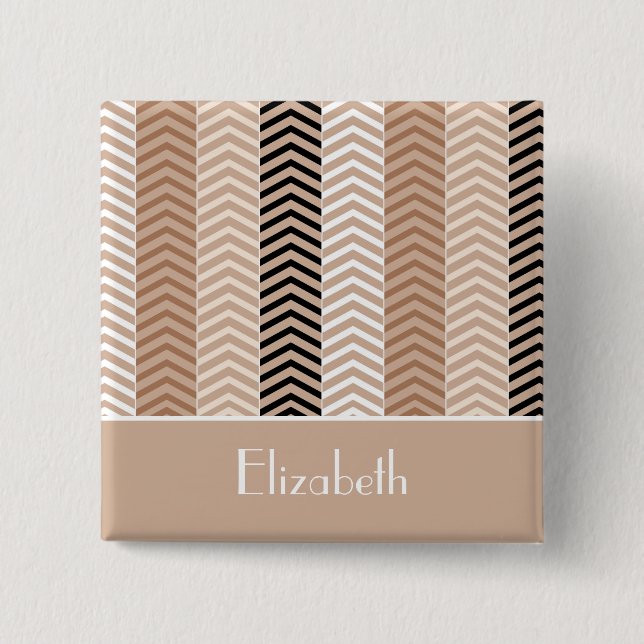 Badge Carré 5 Cm Sophistiqué Brown Chevron Stripes Avec Nom (Devant)