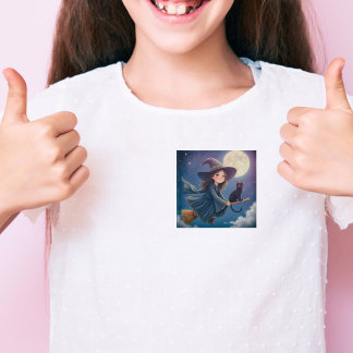 Badge Carré 5 Cm Sorcière mignonne Avec Bouton Chat