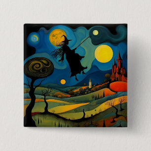 Badge Carré 5 Cm Sorcière sur le paysage