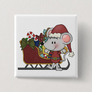 Badge Carré 5 Cm Souris de Père Noël avec le traîneau
