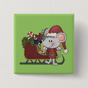 Badge Carré 5 Cm Souris de Père Noël avec le traîneau