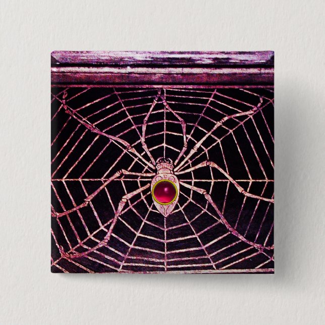 Badge Carré 5 Cm SPIDER ET WEB Rose Fuchsia Ruby Noir (Devant)