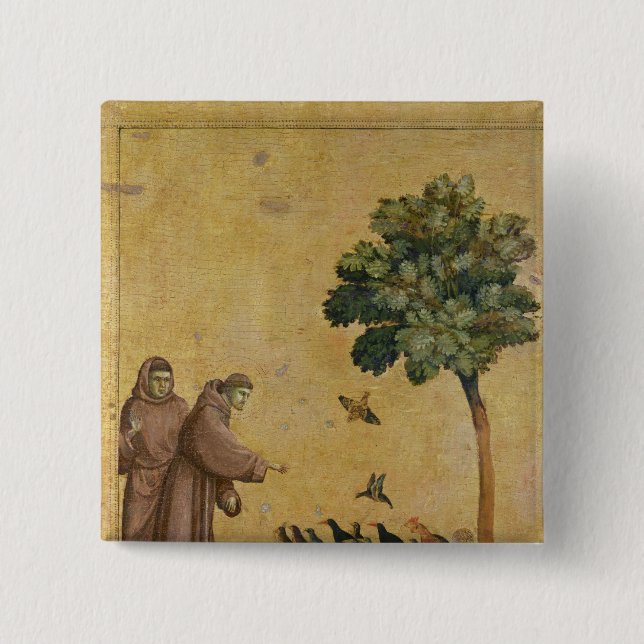 Badge Carré 5 Cm St Francis d'Assisi prêchant aux oiseaux (Devant)