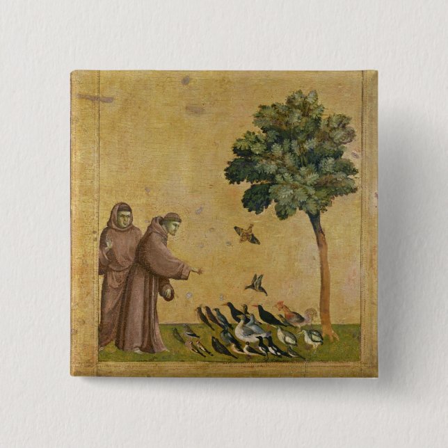 Badge Carré 5 Cm St Francis d'Assisi prêchant aux oiseaux (Devant)