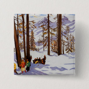 Badge Carré 5 Cm St. Moritz Vintage Skiers Élégance Alpine Art
