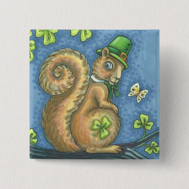 Badge Carré 5 Cm ST. PATRICK'S DAY, LUCKY IRISH SQUIRREL BUTTON Squ (Devant)