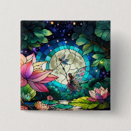 Badge Carré 5 Cm Stained Glass Little Fairy With Dragonfly