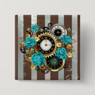Badge Carré 5 Cm Steampunk Clock and Turquoise Roses on Striped