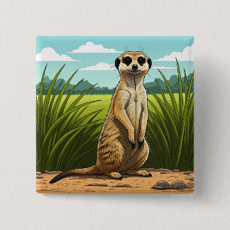 Badge Carré 5 Cm Suricate debout en alerte dans un champ d'herbe