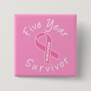Badge Carré 5 Cm Survivant de cinq ans (ruban rose de cercle)