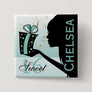 Badge Carré 5 Cm Sweet 16 fille d'anniversaire