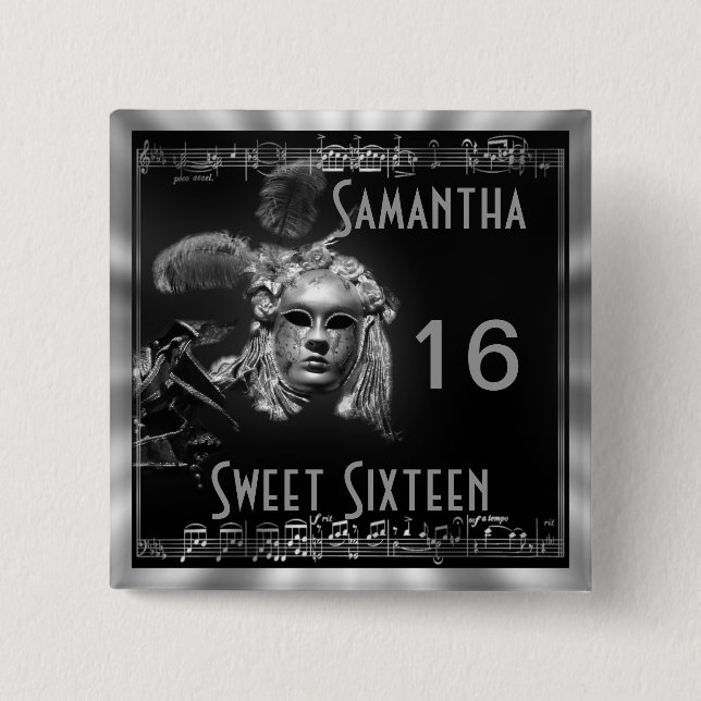 Badge Carré 5 Cm Sweet sixteen mascarade (Devant)