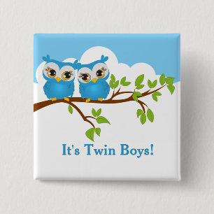 Badge Carré 5 Cm Sweet Twins Owls Boy Baby Button