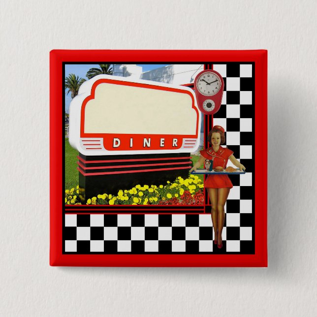 Badge Carré 5 Cm Symbole blanc les années 50 Retro Diner (Devant)