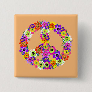 Badge Carré 5 Cm SYMBOLE DE LA PAIX FLEURIE SUR Peach