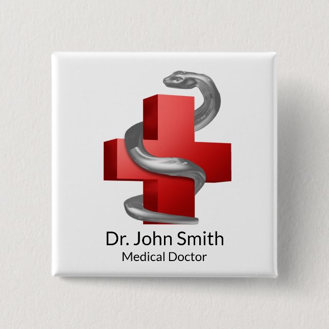 Badge Carré 5 Cm SYMBOLE ROUGE Médicale Serpent serpent argent (Devant)