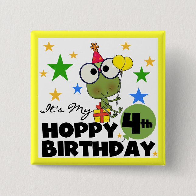 Badge Carré 5 Cm T-shirts et cadeaux 4th Birthday Frog Hoppy (Devant)