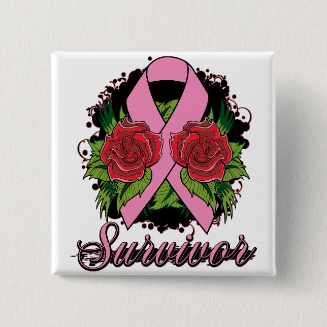 Badge Carré 5 Cm Tatouage Rose du cancer du sein (Devant)