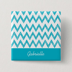 Badge Carré 5 Cm Tendance Crayon Turquoise Chevron Zigzags Avec Nom