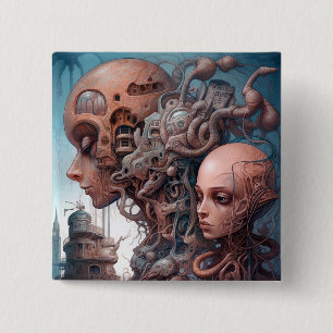 Badge Carré 5 Cm Têtes biomécaniques Surreal Sci-Fi Art