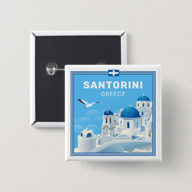 Badge Carré 5 Cm Texte personnalisé Santorin Grèce (Devant & derrière)