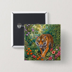 Badge Carré 5 Cm Tigre du Bengale Bambou Vibrant Jungle