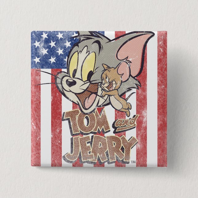 Badge Carré 5 Cm Tom & Jerry avec le drapeau américain (Devant)