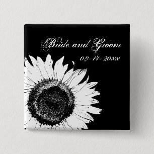 Badge Carré 5 Cm Tournesol blanc sur le mariage noir