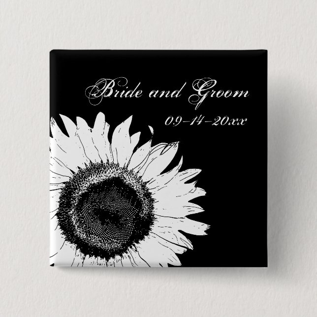 Badge Carré 5 Cm Tournesol blanc sur Mariage noir (Devant)