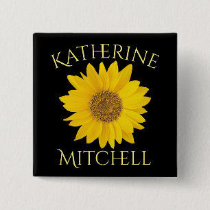 Badge Carré 5 Cm Tournesol jaune Nom personnalisé Noir