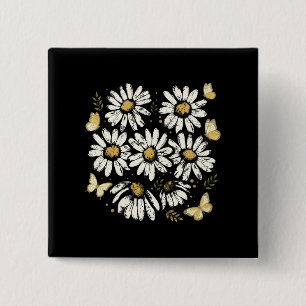 Badge Carré 5 Cm Tournesol Marguerite Fleur Jaune Rétro