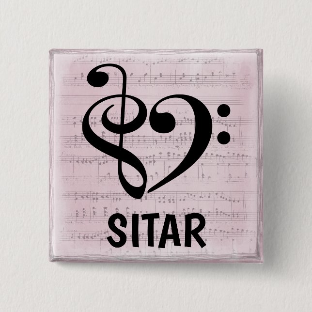 Badge Carré 5 Cm Treble Clef Bass Clef Coeur musical Sitar (Devant)