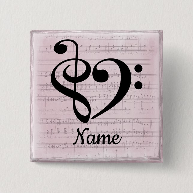 Badge Carré 5 Cm Treble Clef Bass Clef Music Coeur Customisé (Devant)